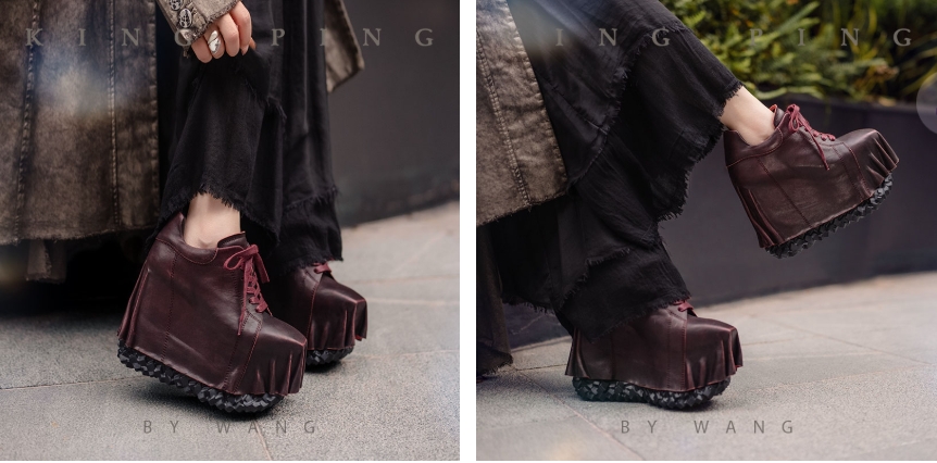 This Platform Shoes for Everyday Style is handcrafted by skilled artisans at KING PING, a factory-direct brand with over 30 years of footwear experience and Milan Gold Award recognition. Made from deep burgundy leather, the sculptural upper features intentional draping and sharp contours, expressing a bold design language rooted in artisanal craftsmanship.