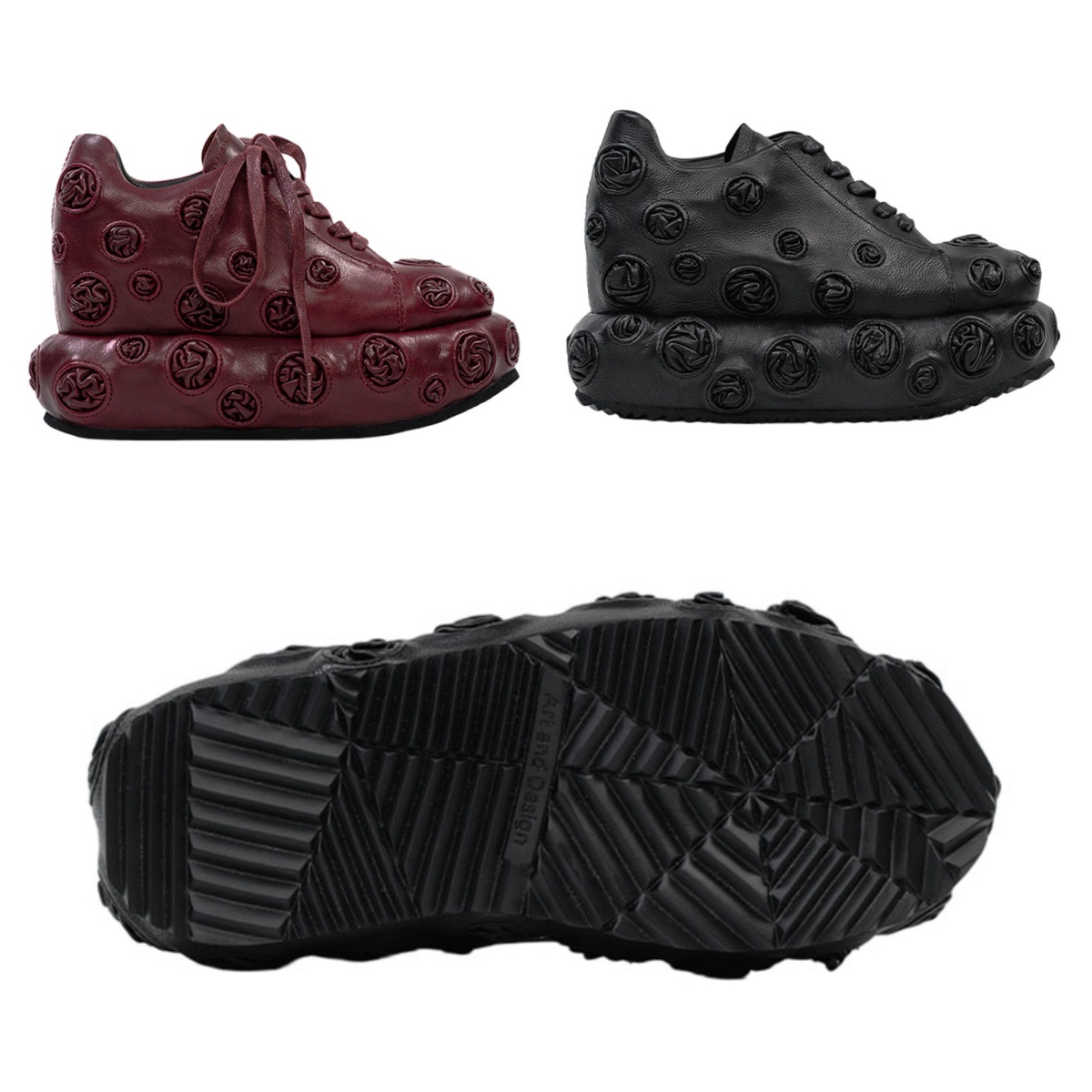 Platform Shoes Designed for Everyday WearThis pair of Platform Shoes Designed for Everyday Wear is a handcrafted statement piece that blends artistic expression with wearable comfort.Inspired by sculptural aesthetics, the upper and sole are covered with distinctive embossed circular patterns, giving the shoe a strong three-dimensional and handcrafted character.