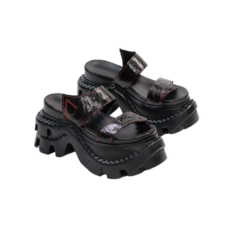 Chunky Platform Slides in Black Leather