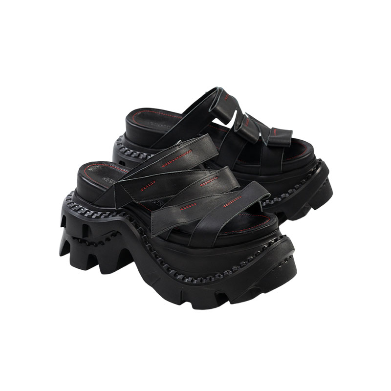 Black Leather Platform Sandals with Multi-Strap Design